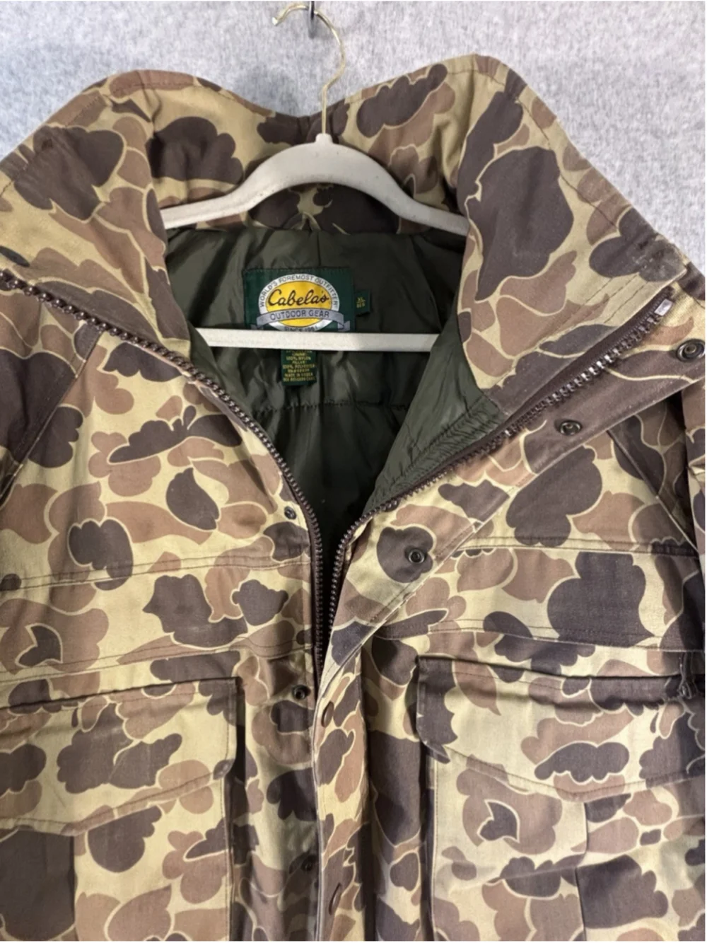 Cabelas Waterfowl Hunting Jacket Mens XL Duck Camo Hooded Field Coat Vintage